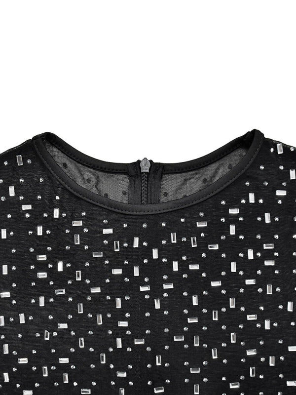 Fashion women's solid color mesh long sleeve long skirt dress