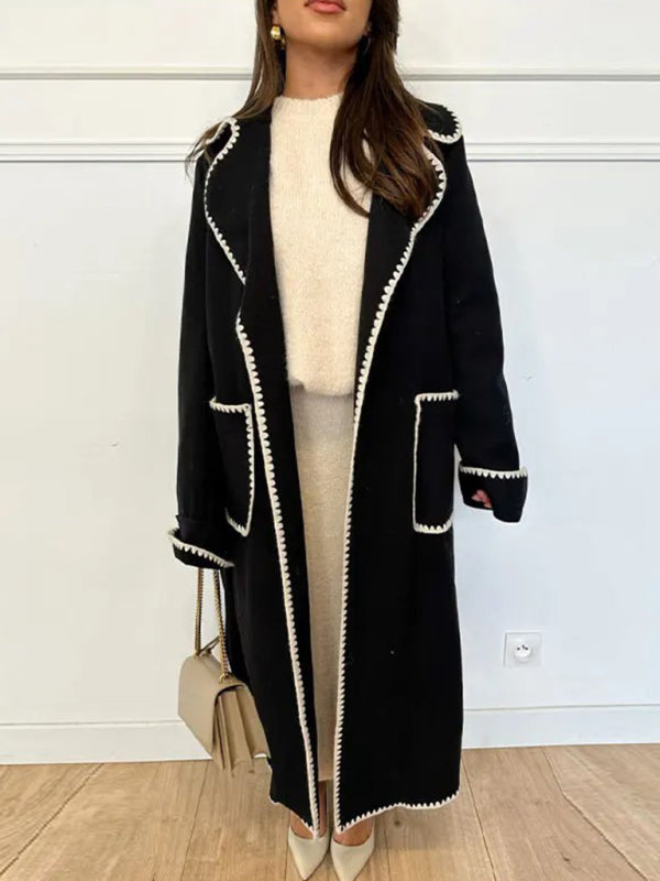 Women's new long-sleeved lapel wool lace-up coat