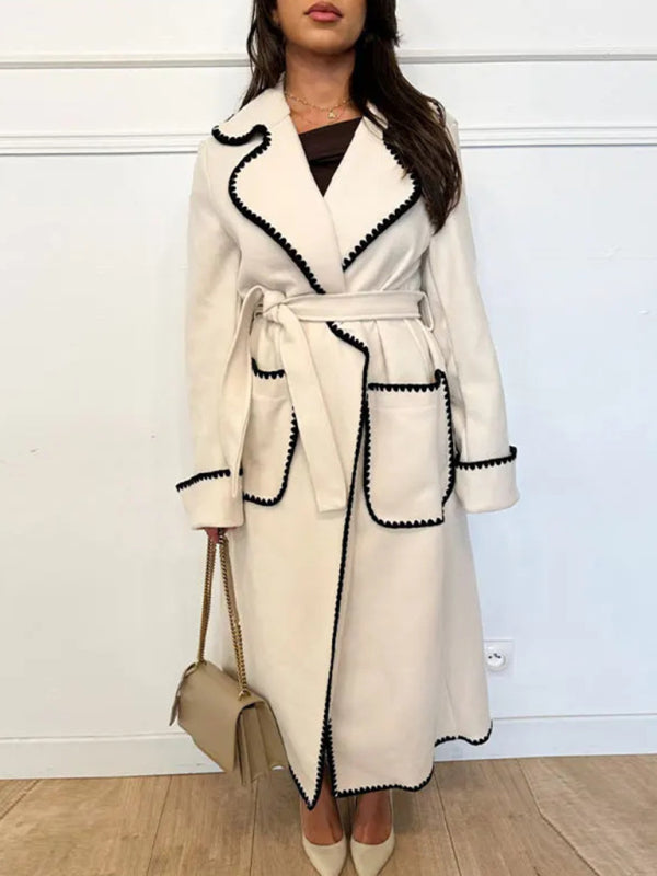 Women's new long-sleeved lapel wool lace-up coat