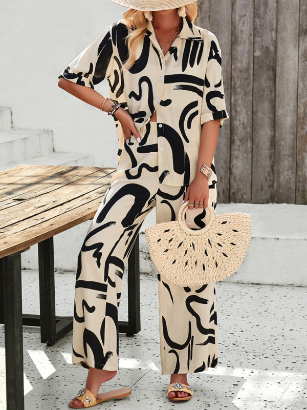 Printed Lapel Shirt & Trousers Set