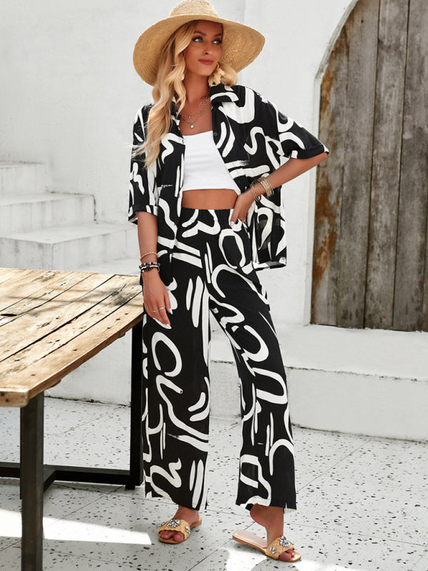 Printed Lapel Shirt & Trousers Set