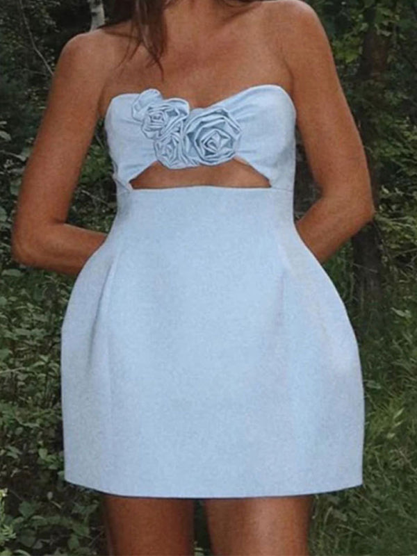 New solid color 3D flower tube mini dress