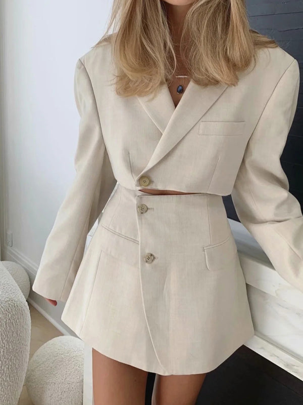 Chic Short Blazer with High-Waist Skirt