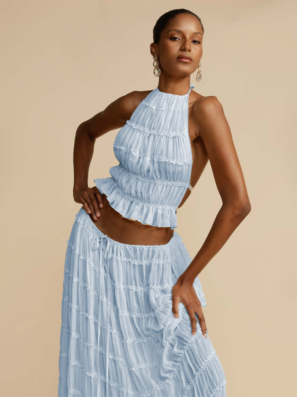 Backless Halter Top & Chiffon Skirt Set
