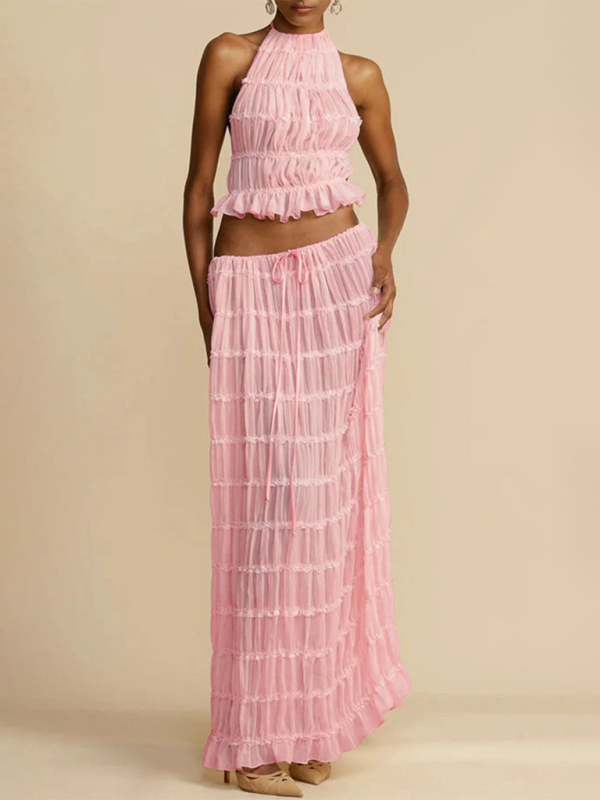 Backless Halter Top & Chiffon Skirt Set