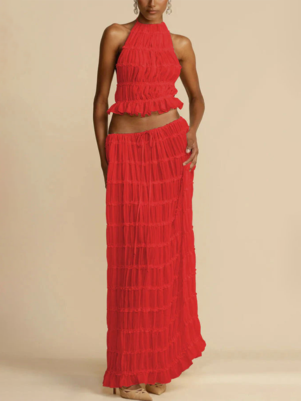 Backless Halter Top & Chiffon Skirt Set