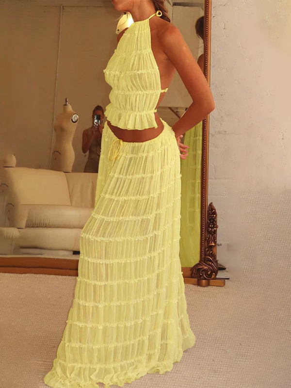 Backless Halter Top & Chiffon Skirt Set