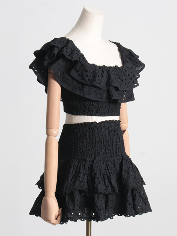 New French-style short top, high-waisted cake layer skirt