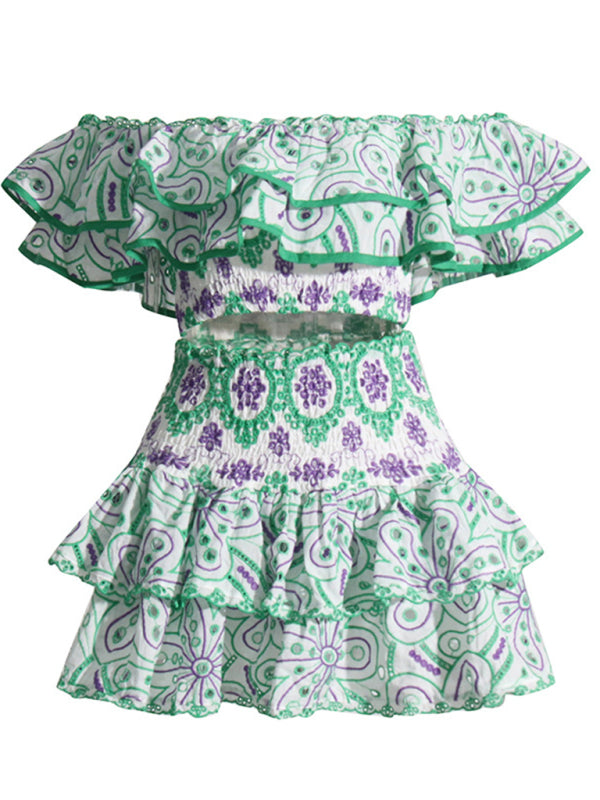 New French-style short top, high-waisted cake layer skirt