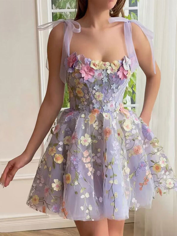 Floral Embroidered Suspender Dress