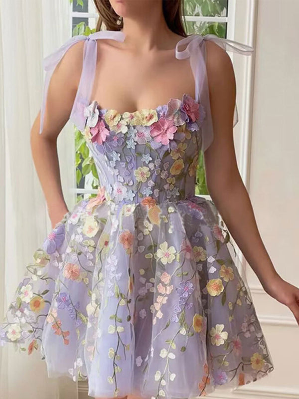Floral Embroidered Suspender Dress