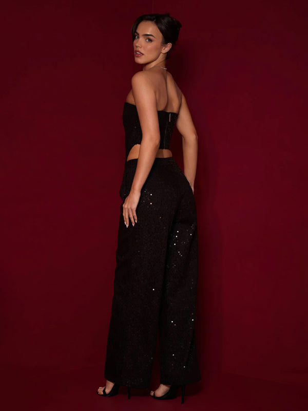 Casual Sequined Denim Straight Pants