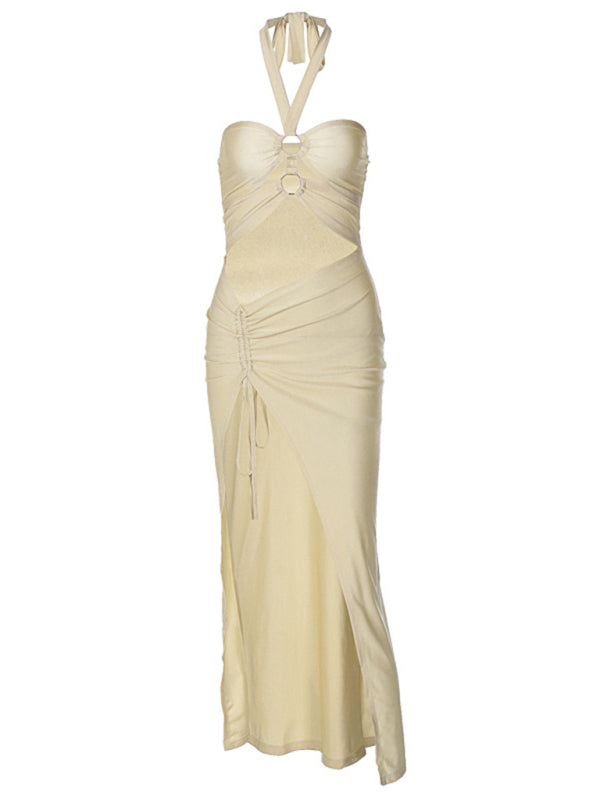 Women's fashionable solid color chest-wrapped halterneck lace-up ring-connected hollow slit dress