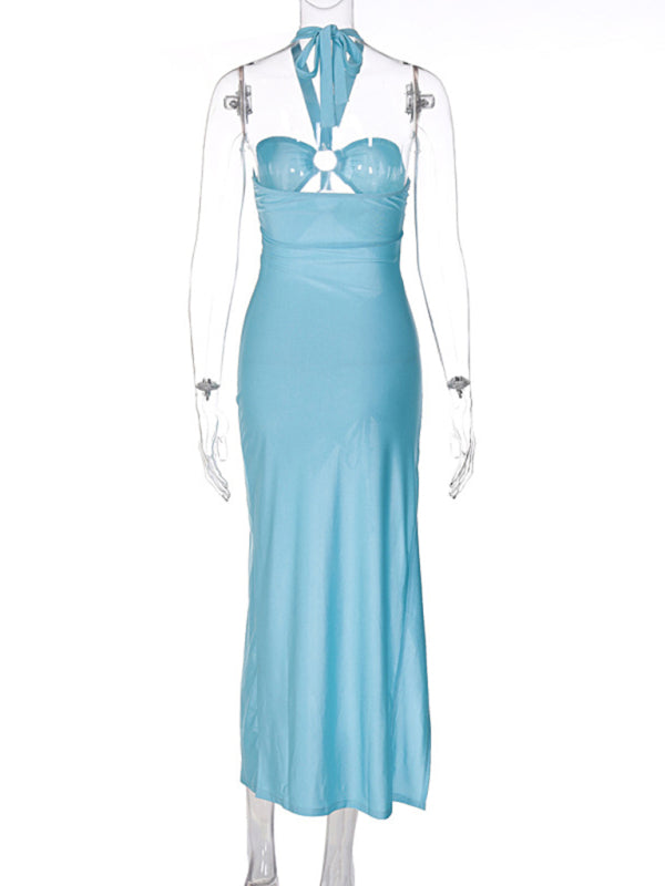 Women's fashionable solid color chest-wrapped halterneck lace-up ring-connected hollow slit dress