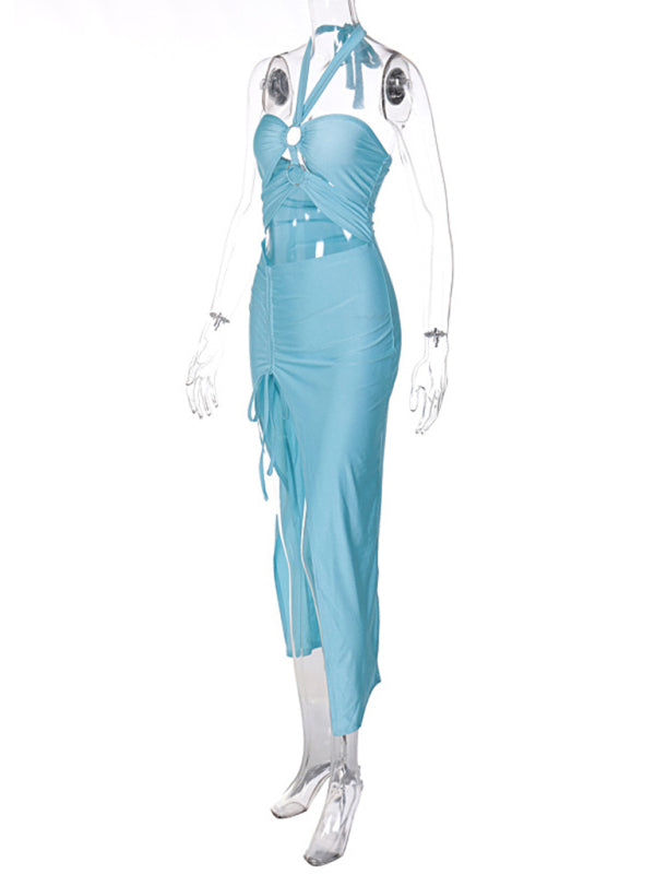 Women's fashionable solid color chest-wrapped halterneck lace-up ring-connected hollow slit dress