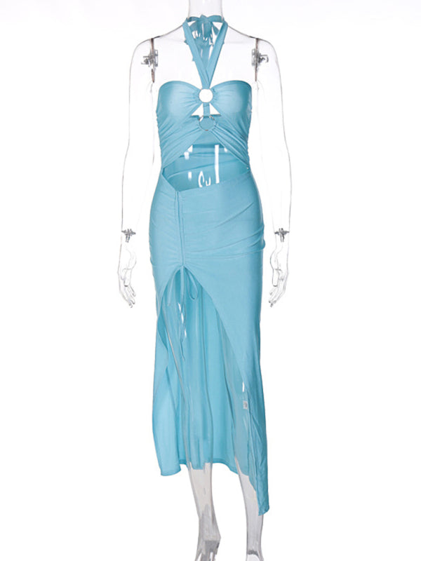 Women's fashionable solid color chest-wrapped halterneck lace-up ring-connected hollow slit dress