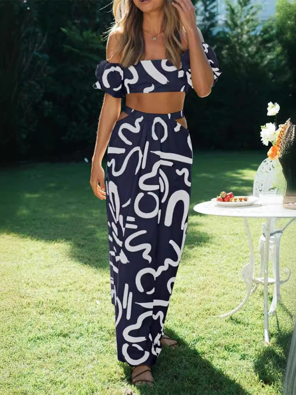 Puff Sleeve Top & Hollow Split Skirt Set