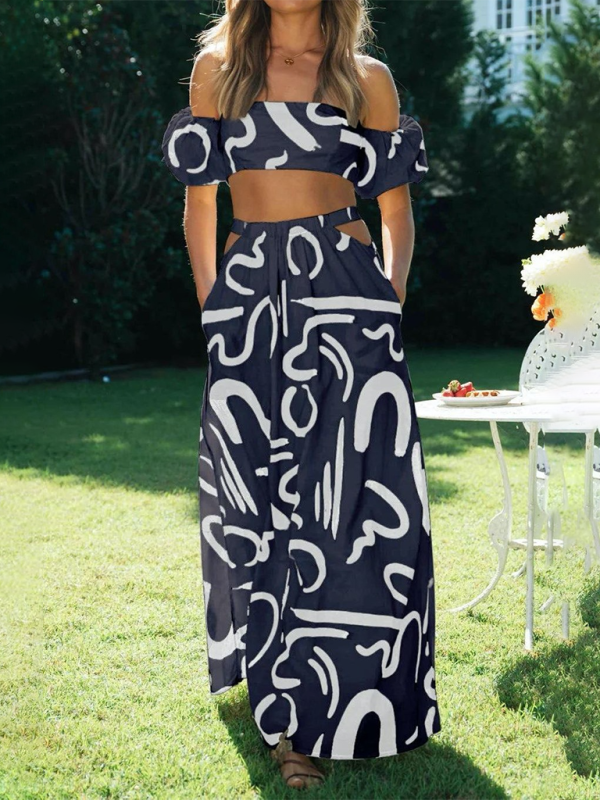 Puff Sleeve Top & Hollow Split Skirt Set