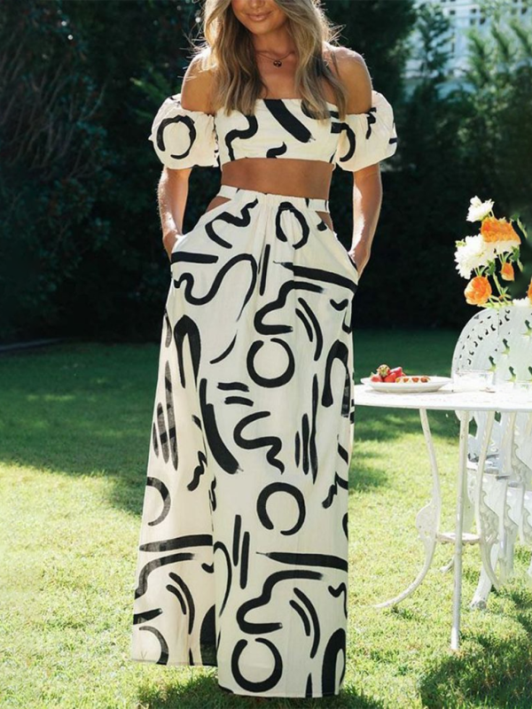 Puff Sleeve Top & Hollow Split Skirt Set