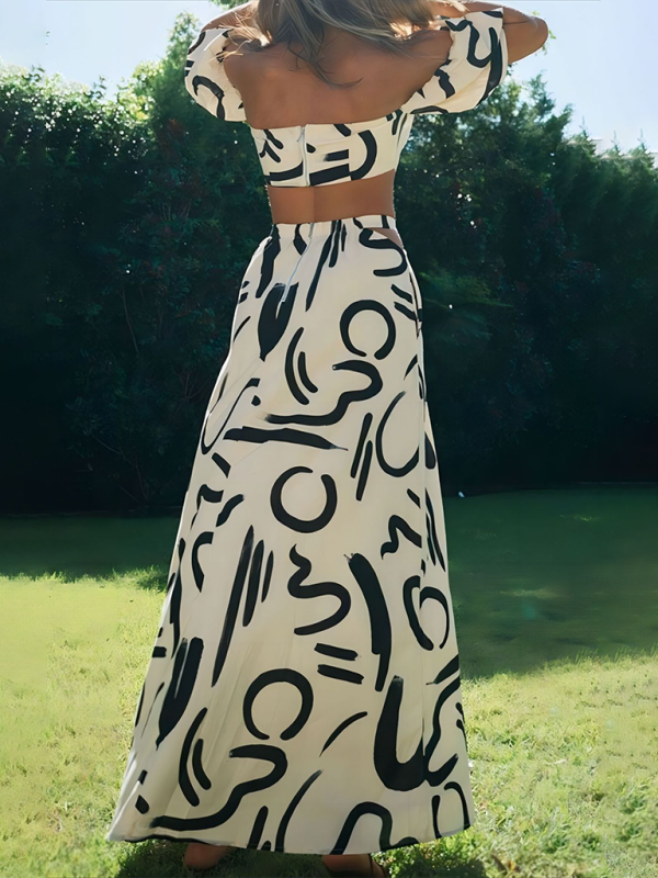 Puff Sleeve Top & Hollow Split Skirt Set