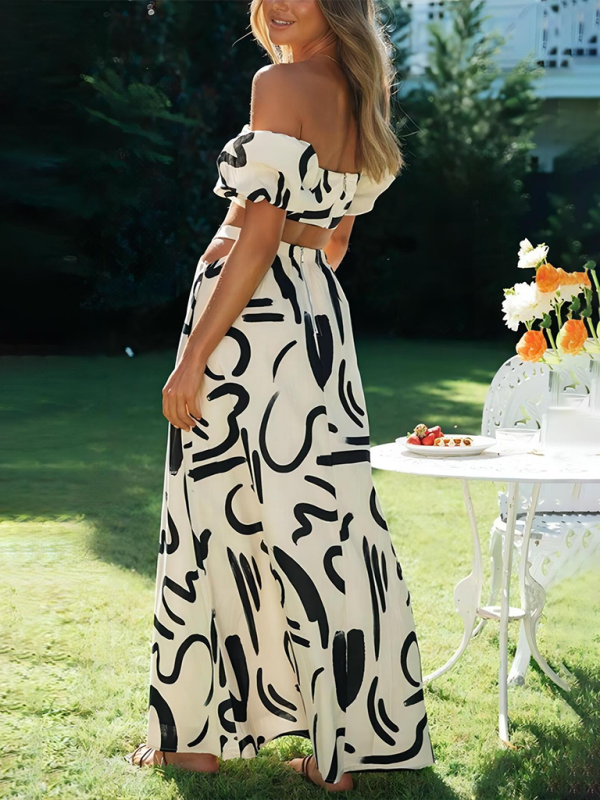 Puff Sleeve Top & Hollow Split Skirt Set