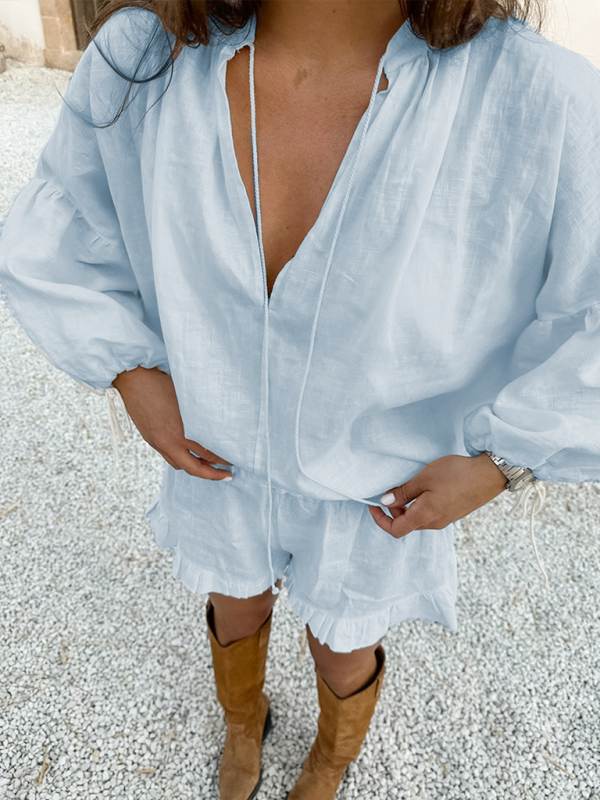 V Neck Lantern Sleeve Set