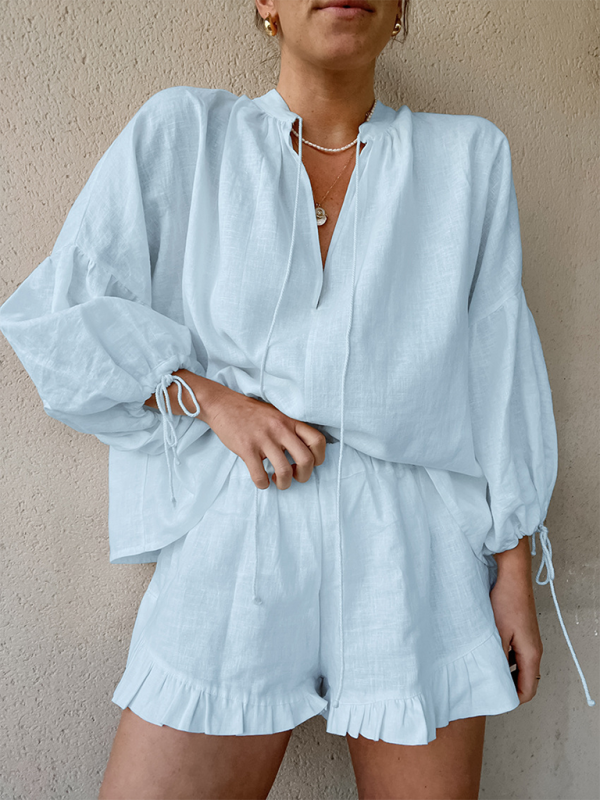 V Neck Lantern Sleeve Set