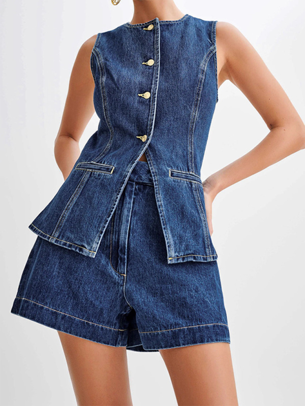 Chic High Waist Denim Two Piece