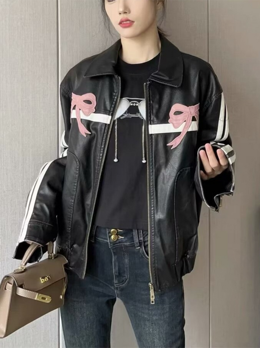 Bow Zipper Leather Jacket