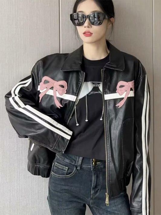 Bow Zipper Leather Jacket