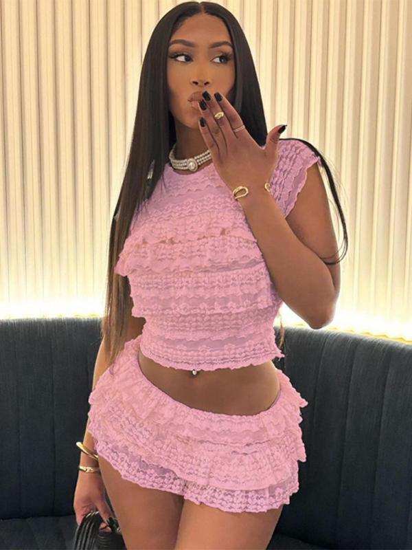 New fashion hollow slim pleated shorts suit