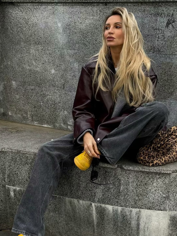 Square collar leather jacket