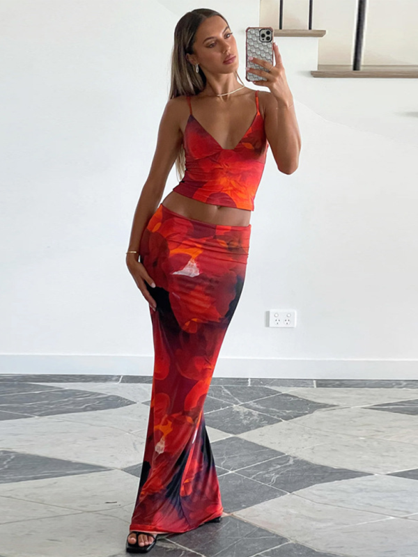 Printed V-Neck Vest & Skirt Set