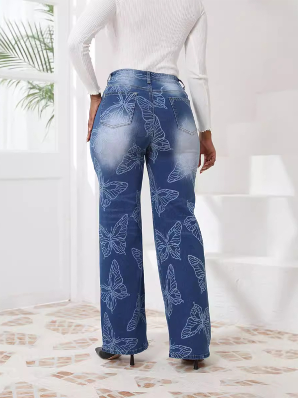New Butterfly Printed High Waisted Straight Leg Denim