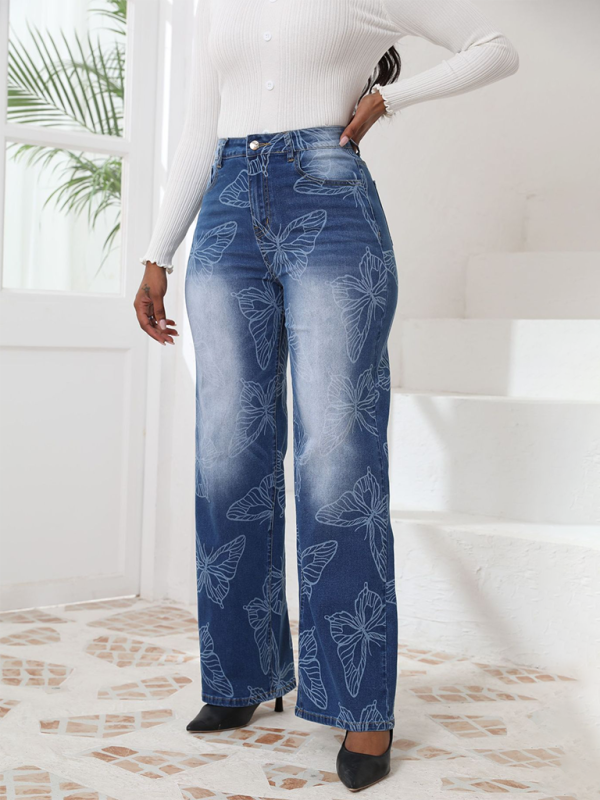 New Butterfly Printed High Waisted Straight Leg Denim