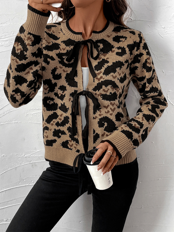 Leopard bow tie knit cardigan