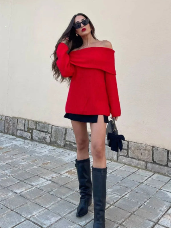 Simple off-shoulder long-sleeved sweater