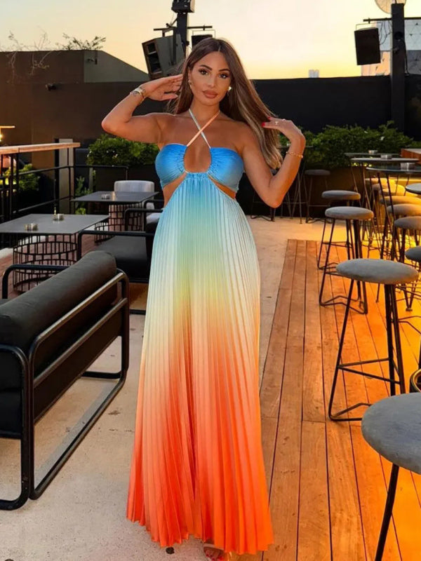 Neck pleated long dress