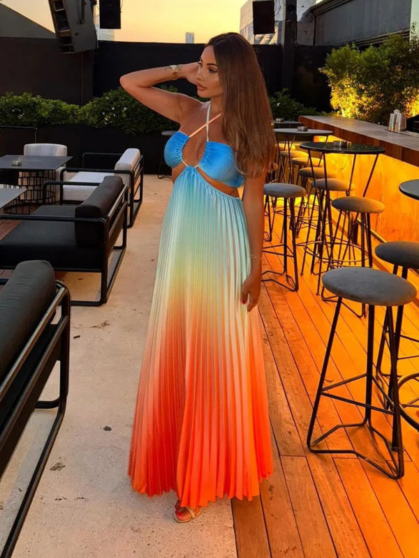 Neck pleated long dress