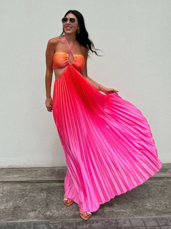 Neck pleated long dress
