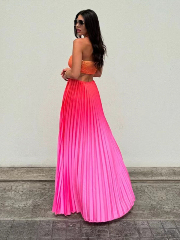 Neck pleated long dress