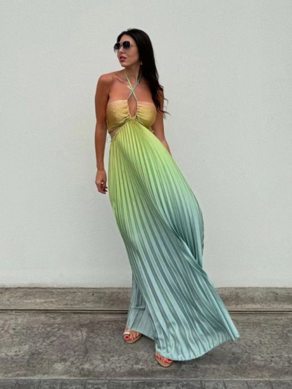 Neck pleated long dress
