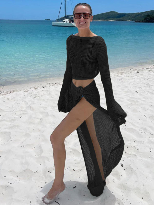 Hollow long-sleeved beach skirt set