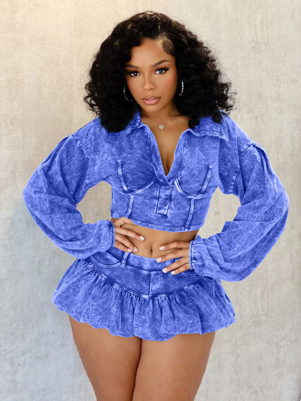 Distressed Skirt Two-Piece Set