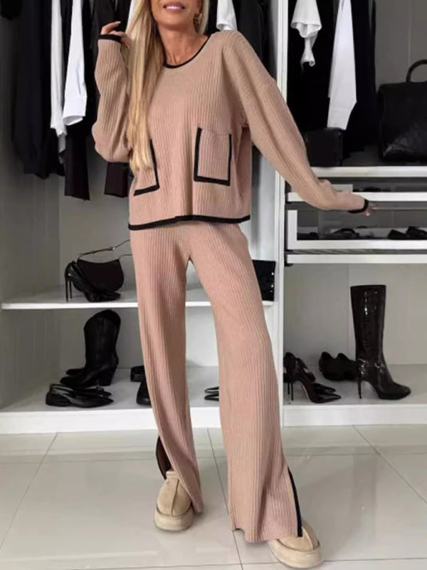 Women's casual suit color matching pocket top wide leg pants two piece set