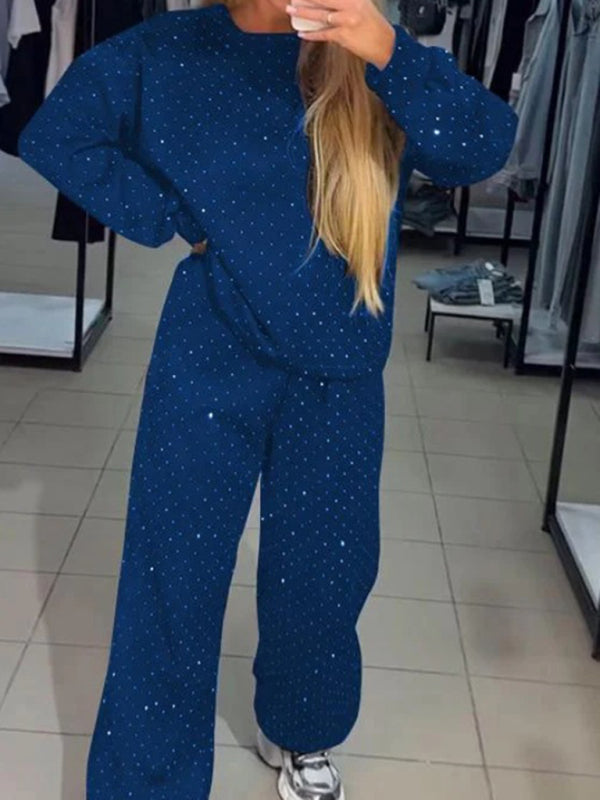 Women's casual round neck long sleeve full body hot diamond drawstring ankle two piece suit