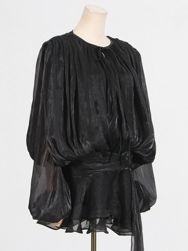 Hollow Pleated Ribbon Dress