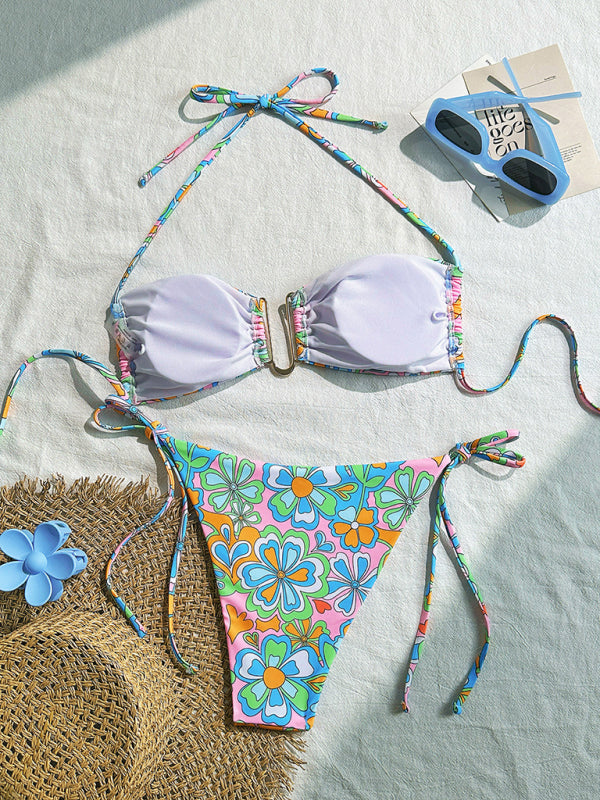 New halterneck floral lace-up bikini