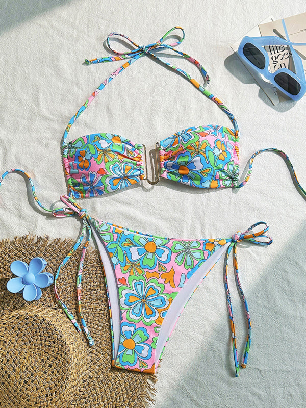 New halterneck floral lace-up bikini