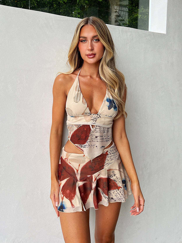 Hollow Vest Flower Printed Short Skirt Set